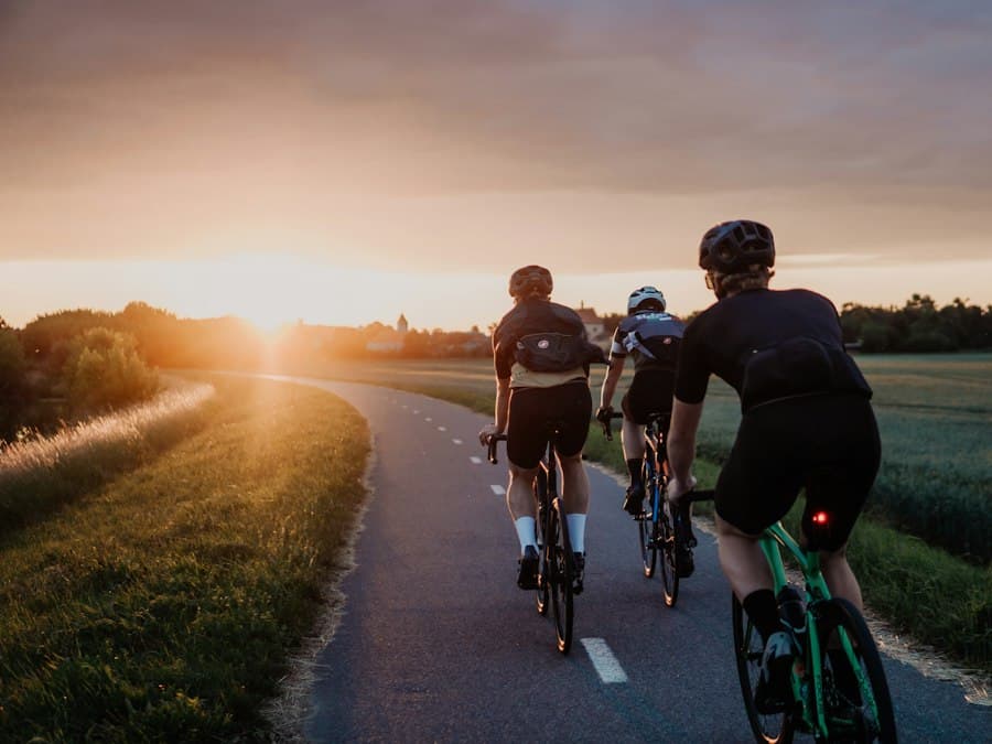 A group of cyclists on a country lane at sunset