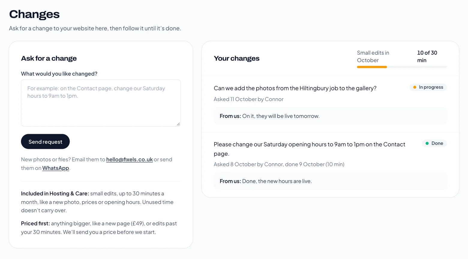 The Changes section of the client portal: a form to ask for a change, and a list of changes with their status and a note from us