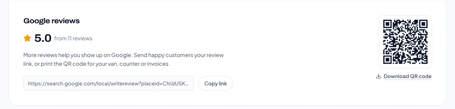 The Google reviews panel in the client portal: a 5.0 star rating, the review link with a copy button, and a QR code to download