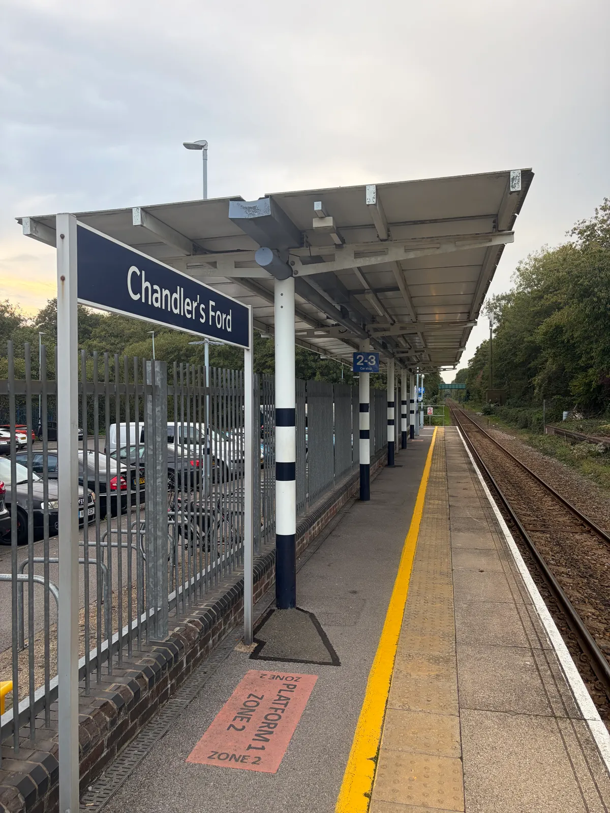 The Chandler's Ford sign on the platform at Chandler's Ford station