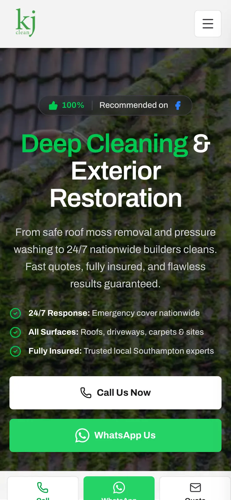 The KJ Clean website on a phone