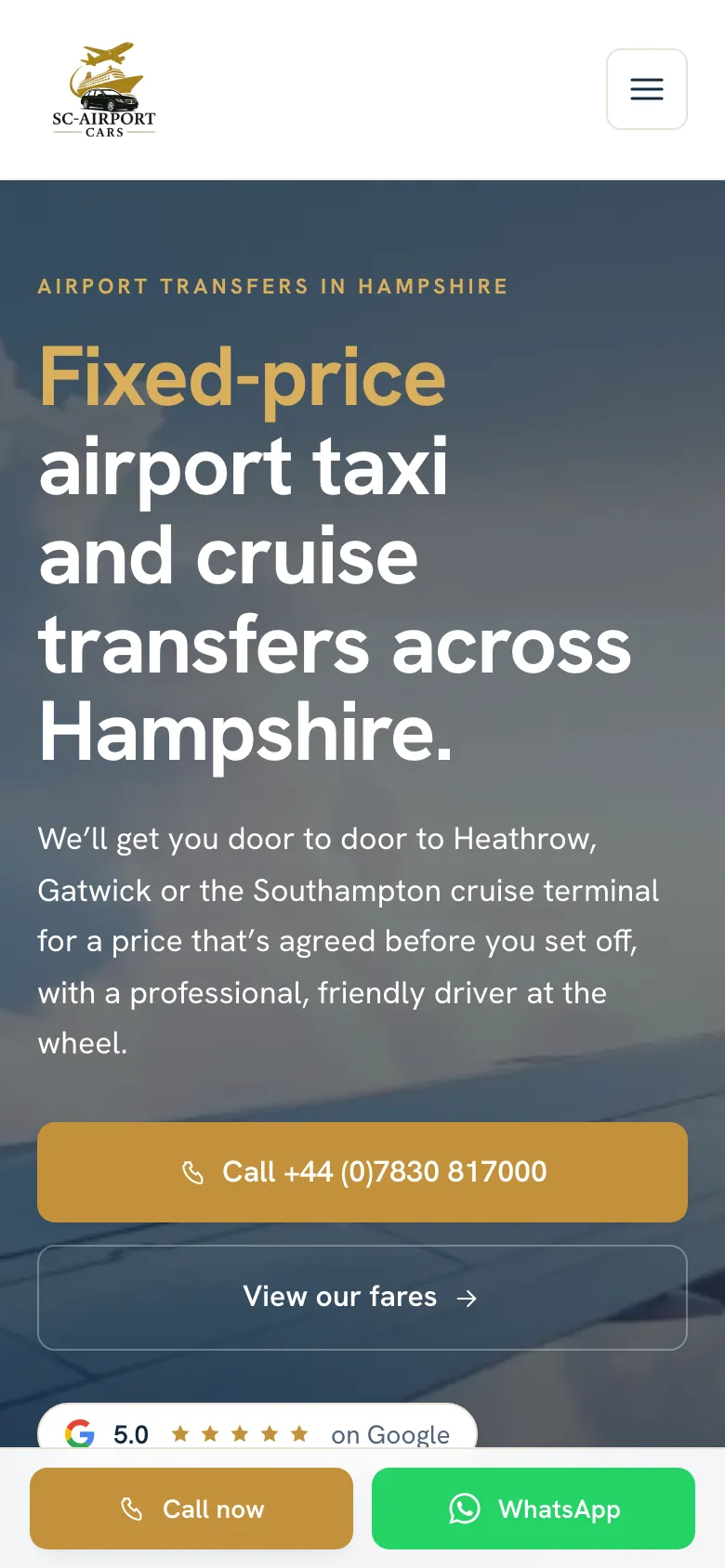 The SC Airport Cars website on a phone