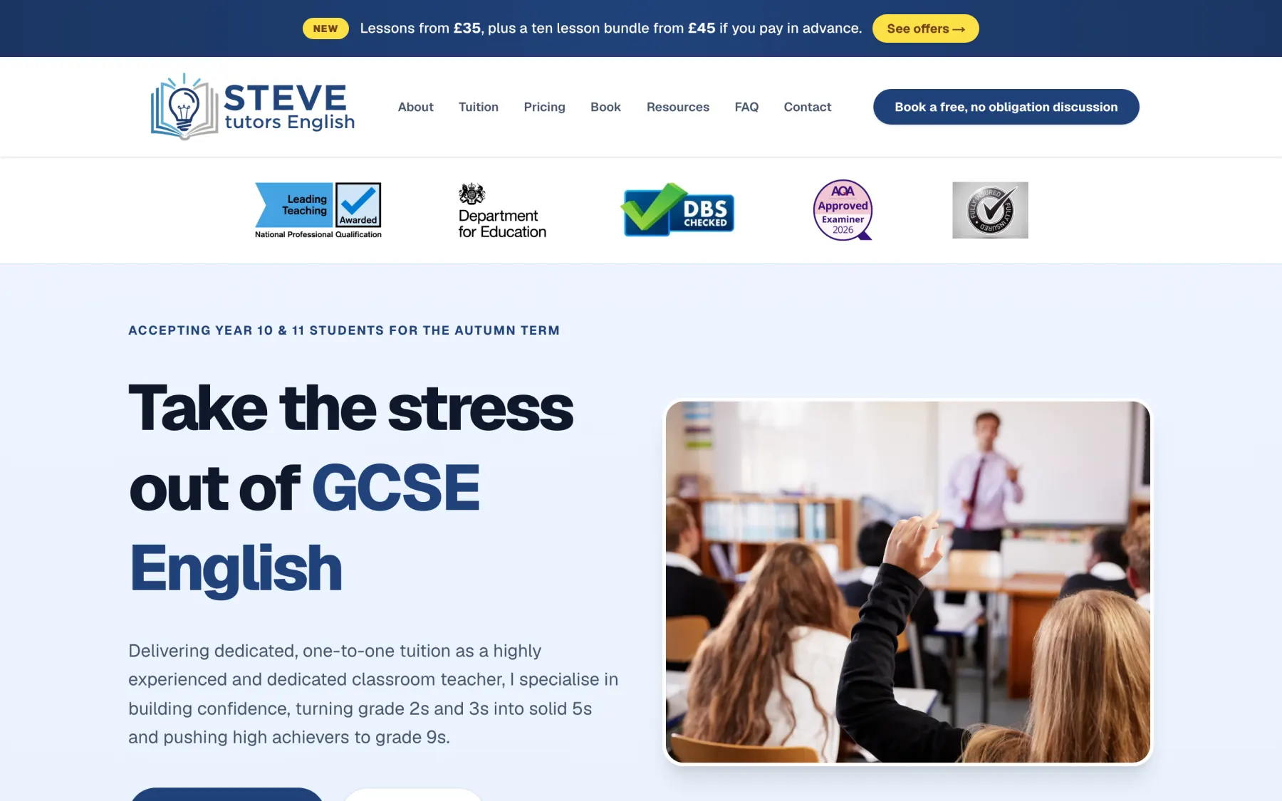 The Steve Tutors English website on a desktop