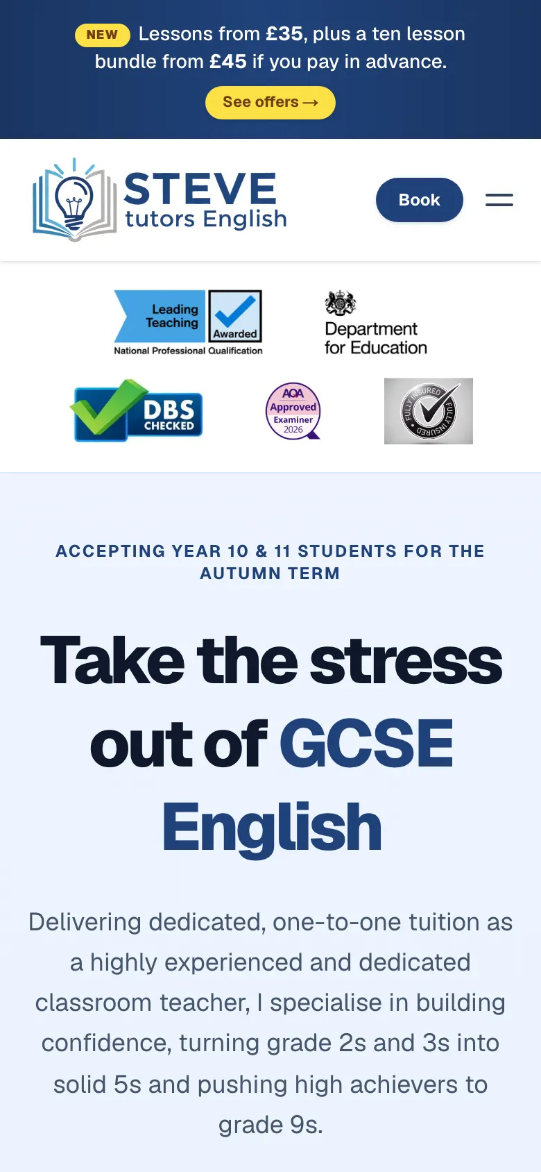 The Steve Tutors English website on a phone